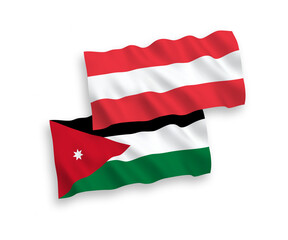 National vector fabric wave flags of Austria and Hashemite Kingdom of Jordan isolated on white background. 1 to 2 proportion.