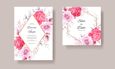 Fototapeta na wymiar Romantic wedding invitation card template with watercolor flowers