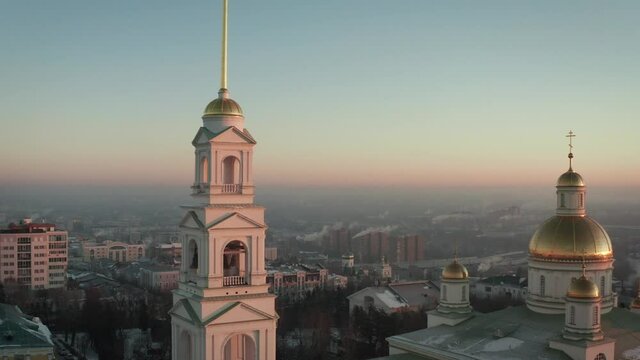 Penza city in Russia, winter landscape from a height. Dawn in Penza. Winter landscape, Penza city. Church in Russia.