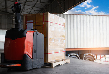 Cargo shipment loading for truck. Electric forklift pallet jack loading heavy cargo pallet into...