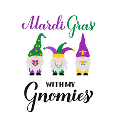 Mardi Gras calligraphy hand lettering with cute Nordic gnomes. Fat Tuesday traditional carnival in New Orleans. Vector template for banner, flyer, poster, t shirt, sticker, etc.