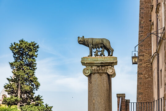 Statue of the Capitoline Wolf, Romulus, Remus, at the Piazza del Campidoglio in Rome, Italy