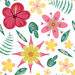 Seamless pattern of hand drawn tropical flowers and leaves in bright and happy pinks and yellow.