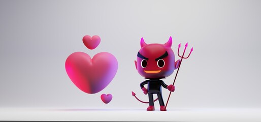 3D render illustration of cute devil character holding pitchfork standing by big heart, concept, valentines day, on white color background