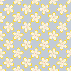 Vector illustration of plumeria tropical flowers seamless repeat pattern on a light blue background.