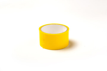 Yellow scotch tape on a white background. Adhesive tape. Top view.