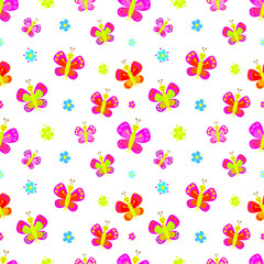 Cute seamless pattern with bright butterflies and flowers. Colorful vector illustration. May be used for wallpaper, fabric, textile, wrapping.