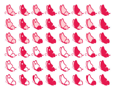 Large collection of forty eight red butterflies with hearts isolated on a white background. Silhouette of a butterfly is perfect for stickers, icons, greeting cards and gift certificates