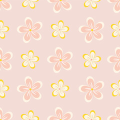 Vector illustration of plumeria tropical flowers seamless repeat pattern on a light pink background.