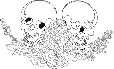 Hand drawn skull and flower on white background.old school style skull tattoo