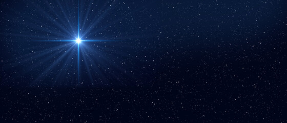 Dark blue night sky with bright star. Baner format. Christmas Star of Bethlehem Nativity, christmas of Jesus Christ. - 407873916