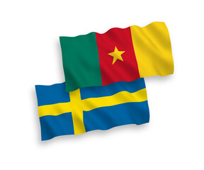 National vector fabric wave flags of Sweden and Cameroon isolated on white background. 1 to 2 proportion.