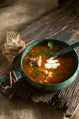 Hot dish with meat and sour cream. Beetroot soup with meat.