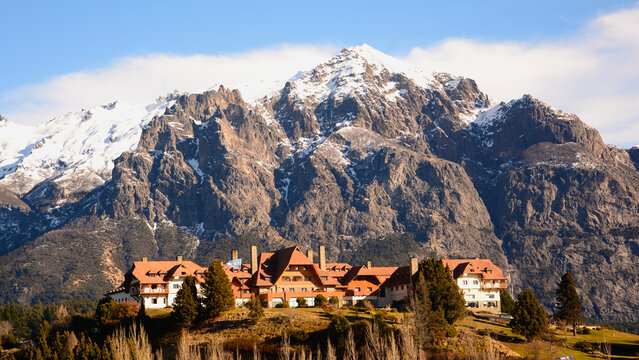 llao llao hotel and landscape with the lopez hill in the background, in bariloche patagonia argentina
