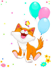 Joyful little kitten with balloons.Smiling cartoon kitten sitting next to balloons. Joyful kitty and butterfly 
