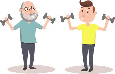 Fototapeta na wymiar an old and young man together synchronously do exercises with dumbbells. Caring for the older generation and a healthy lifestyle. Vector graphics. person lifting weights