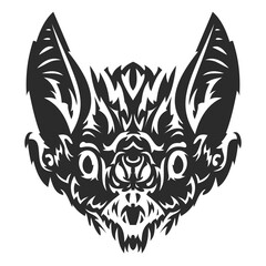 Head bat in hand drawn vintage style isolated on white background. Design element for print, tattoo, branding. Cartoon vector illustration.