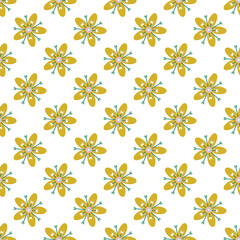 Vector illustration of yellow tropical flowers seamless repeat pattern on a white background.