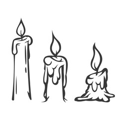 Set of hand drawn burning candles in doodle sketch style isolated on white background. Cartoon vector illustration.