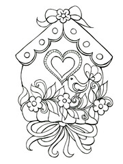 Spring illustration of a birdhouse with birds.Coloring illustration with spring. Hand drawn birdhouse for adult coloring book,pages,art therapy. Illustration for posters and greeting cards.