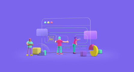 Web Browser UI UX Design Teamwork concept 3D illustration. Team People Building Creating website User interface Front view
