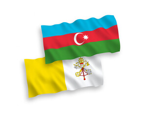 National vector fabric wave flags of Vatican and Azerbaijan isolated on white background. 1 to 2 proportion.