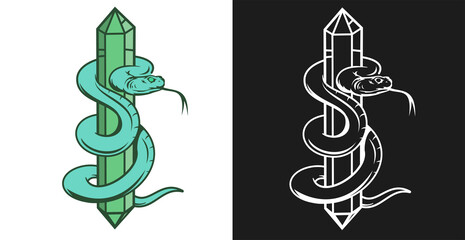 Hand drawn concept composition with crystal and snake in vintage cartoon style. Modern design for print, cover, card. Vector illustration.