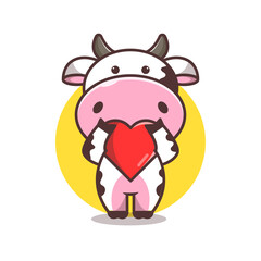 cute cow holding love symbol, animation, cartoon, vector eps 10