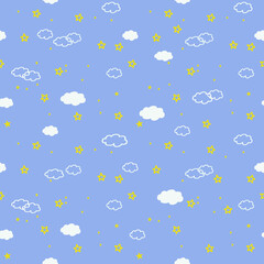 seamless pattern with clouds, blue background, cloudy sky drawing with yellow and white colors