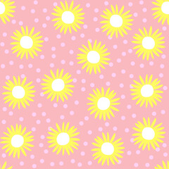 Seamless background with yellow flowers, daisy pattern on spottted pink color