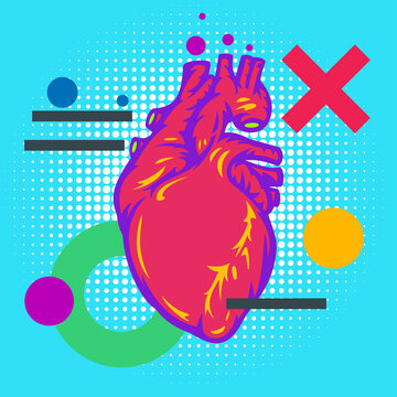 Human heart with geometric elements in modern pop art comic style. Colorful design for print, poster, cover. Vector illustration.