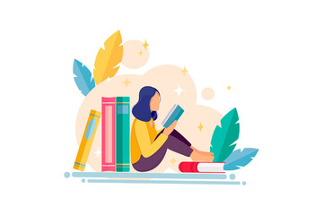 Flat design illustration with books stacks and reading girl, and floral elements. Book reading concept. Library concept.Home Education. Happy Book Day. Vector illustration