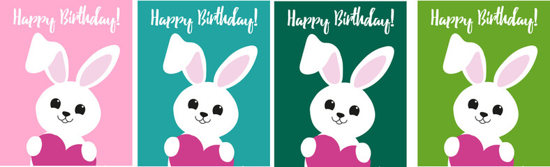 A set of greeting cards (or posters) with the text: Happy Birthday! White rabbit with a pink heart. Background: pink, green, turquoise. Artistic vector illustration