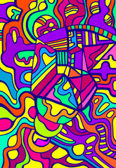 Vivid psychedelic colorful surreal doodle pattern. Rainbow colors abstract pattern, maze of ornaments.