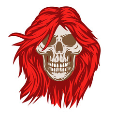 Hand drawn color female skull with hair isolated on white background. Vintage design in cartoon sketch style for print, tattoo. Vector illustration.