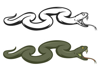 Hand drawn snake isolated on white background. Color and monochrome element in cartoon vintage style for, tattoo, print, poster. Vector illustration.