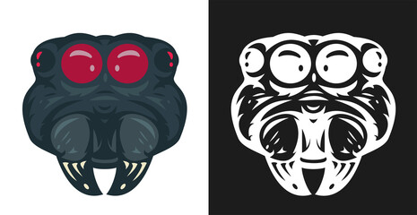 Cartoon hand drawn spider head isolated on white background. Design minimalistic element for logo, badge, icon. Vector illustration.