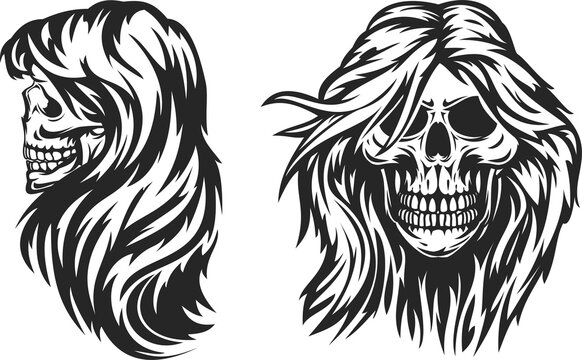 Hand drawn monochrome female skull with hair isolated on white background. Vintage design in cartoon sketch style for print, tattoo. Vector illustration.