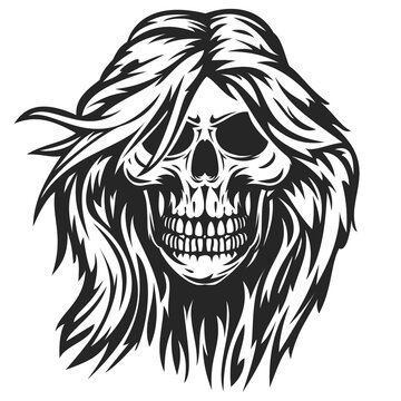 Hand drawn monochrome female skull with hair isolated on white background. Vintage design in cartoon sketch style for print, tattoo. Vector illustration.