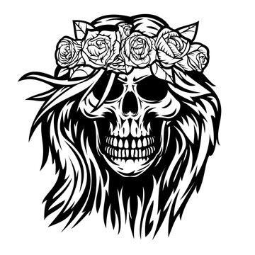 Hand drawn monochrome female skull with hair and wreath of flowers and leaves isolated on white background. Vintage design in cartoon sketch style for print, tattoo. Vector illustration.