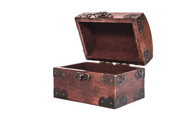 On a white background, a wooden antique box with a metal lock and metal ponds for jewelry, isolated