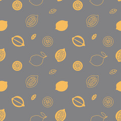 Seamless pattern with lemons and leaves in a grey-yellow color scheme. Doodle.