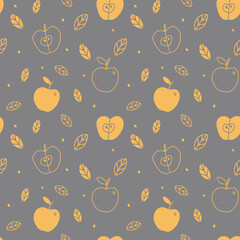 Seamless pattern with apples and leaves in a grey-yellow color scheme. Doodle