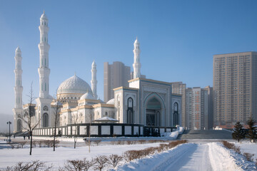 Hazret Sultan Mosque, Nur-Sultan, Kazakhstan. Winter time.