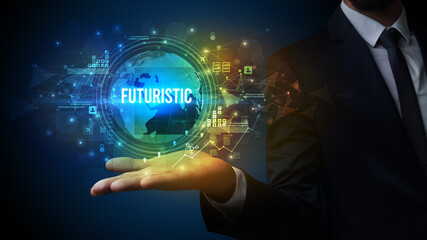 Elegant hand holding FUTURISTIC inscription, digital technology concept