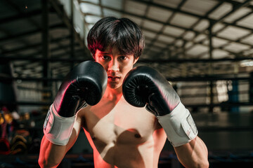 muscular male boxer wearing boxing gloves in the arena