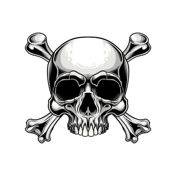 Traditional Jolly Roger design. Vector illustration of human skull with crossbones in engraving technique isolated on white background. 