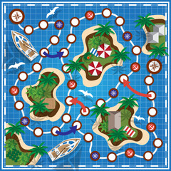 Tropical Islands on the map. Game board. View from above. Vector illustration.