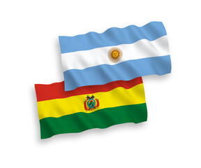 National vector fabric wave flags of Bolivia and Argentina isolated on white background. 1 to 2 proportion.