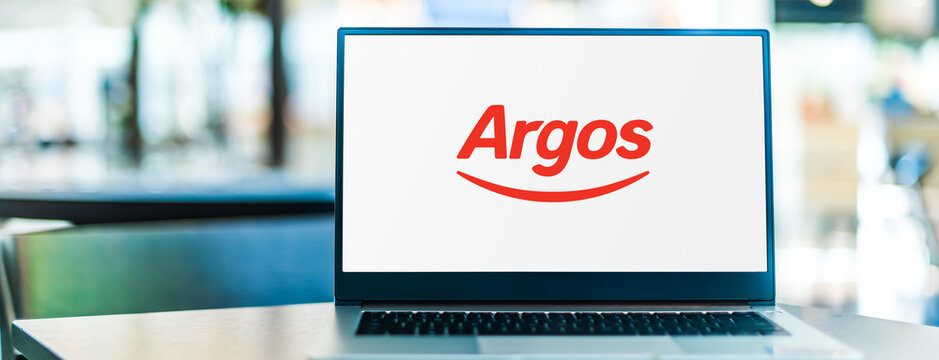 Laptop computer displaying logo of Argos